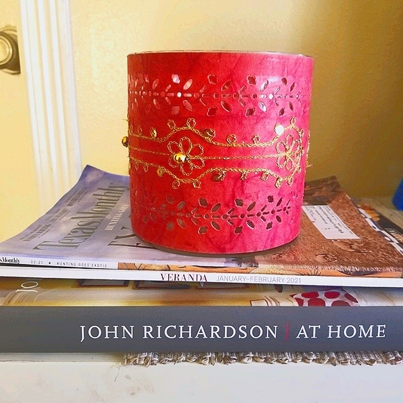 Red paper & glass hurricane/candle holder
